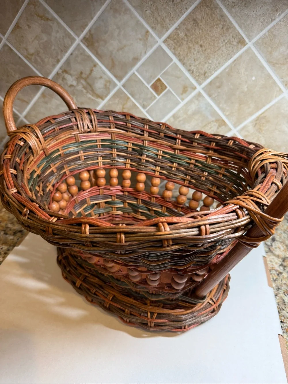Vintage Woven Wicker Rattan Basket Wood Bead Double Handles Farmhouse Decor